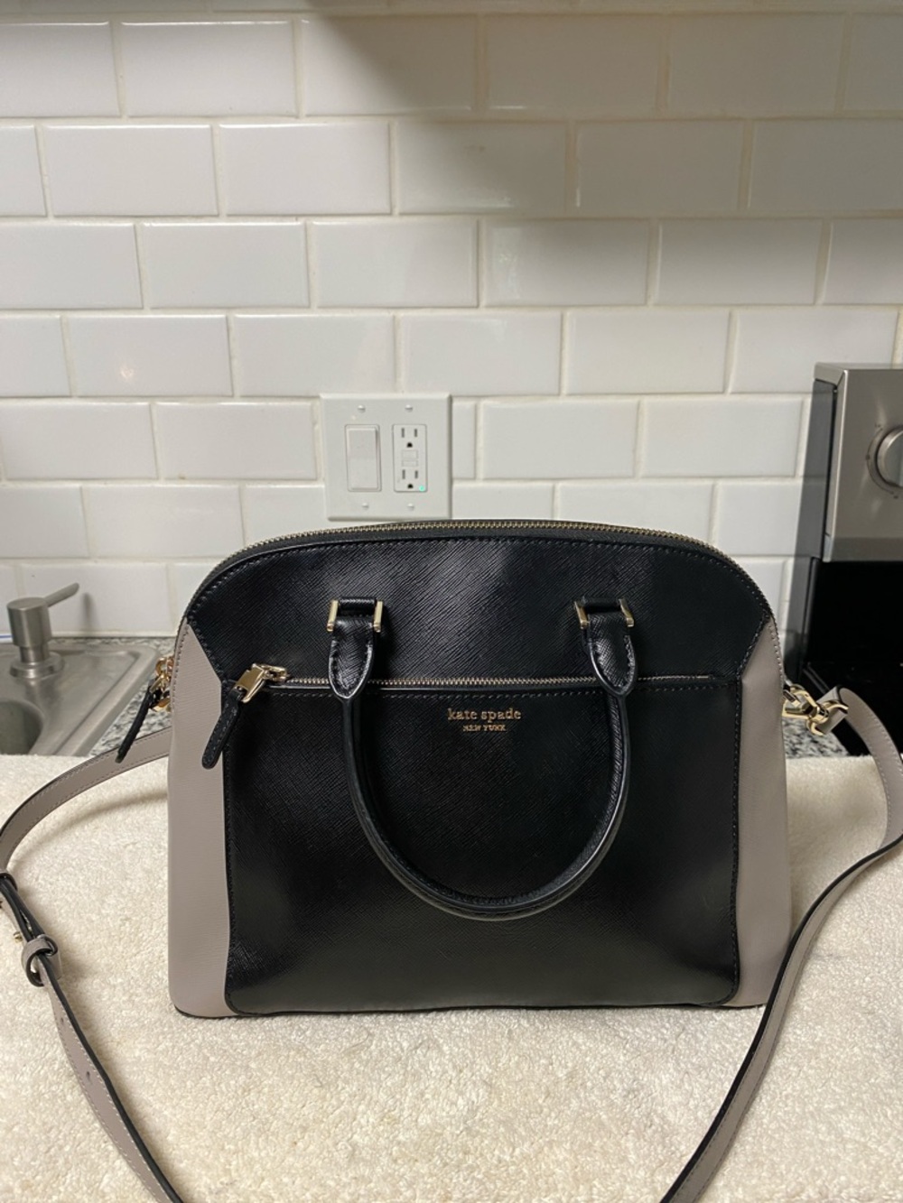 kate spade Black and Taupe Saffiano Leather Dome Satchel